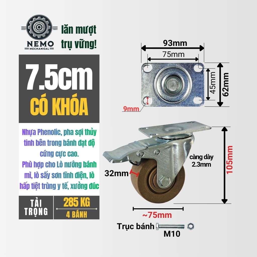 Bánh Xe Phenolic Chịu Nhiệt 280°C – Chuyên Dụng Lò Nướng, Lò Sấy (D75, D100, D125)